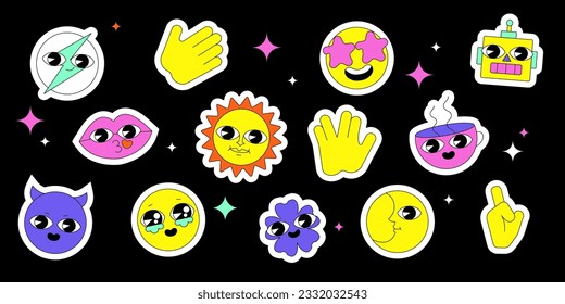 Stickers set in 90s style. Vector pack. Collection of cartoon characters, doodle smile face, robot, hand, lips, sun and moon. Cute retro groovy hippie design emotication. Line art flat sticker set