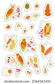 Stickers set A4 A5 with autumn elements - leaves, owls, berries. Isolated fall coloured elements with silhouettes