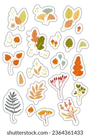 Stickers set A4 A5 with autumn elements - leaves, owls, berries. Isolated fall coloured elements with silhouettes