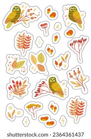 Stickers set A4 A5 with autumn elements - leaves, owls, berries. Isolated fall coloured elements with silhouettes
