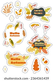 Stickers set A4 A5 with autumn elements - leaves, owls, berries. Isolated fall coloured elements with silhouettes