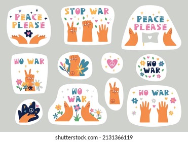 stickers set about "no war", "stop war", "peace" with hands, flowers, stars and hearts