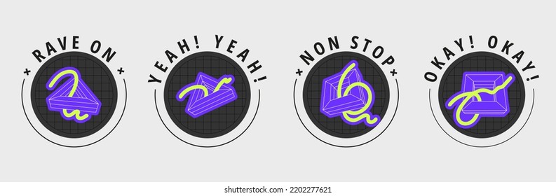 Stickers set of abstract geometric shapes. Flat vector illustration with 3d wireframe models. Concept psychedelic techno style.