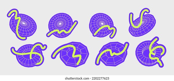 Stickers set of abstract geometric shapes. Flat vector illustration with 3d wireframe models. Concept psychedelic techno style.