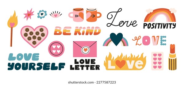 Los stickers se establecen con atributos de amor. Diferentes tipos de amor - pasión, relaciones románticas, amor propio. Ilustraciones de vector dibujadas a mano en colores bonitos. Concepto positivo para el diseño de papel y tarjetas.