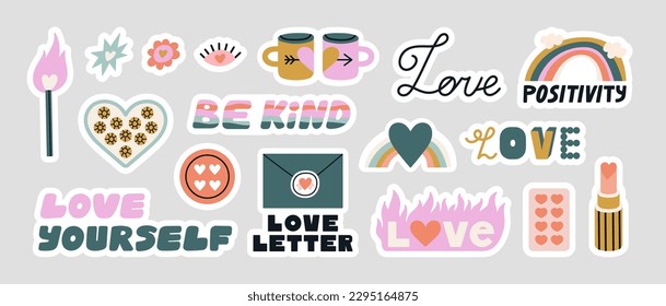 Stickers set with attributes of love. Different types of love - passion, romantic relations, self love. Hand drawn vector illustrations in cute colors. Positive concept for print and card design.