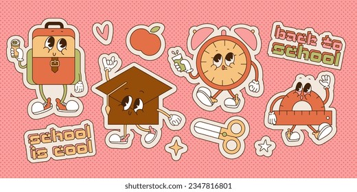 Stickers Set of back to school supplies groovy characters in gloves and sneakers in linear flat retro classic cartoon style of 60s 70s. Bagpack, alarm clock, graduation hat, protractor vector mascots.