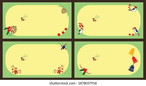 Stickers set with bells, birds, tree cones and berries. Vector illustration