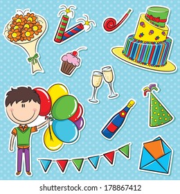 Stickers set with boy with color balloons and birhday elements