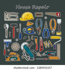 Stickers set of building and house repair tools . Hand drawn vector collection