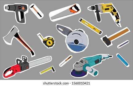 Stickers Set Of Building And House Repair Tools . Hand Drawn Vector Collection.