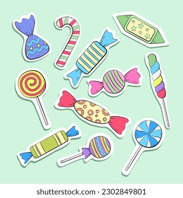 Сandy stickers. Set of candy images. Vector illustration of lollipops.