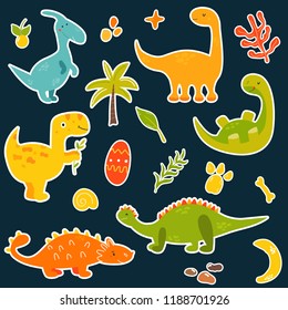 Stickers set with cartoon cute dinos and elements. Trex. stegosaurus, diplodocus, 