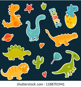 Stickers set with cartoon cute dinos and elements. Trex. stegosaurus, diplodocus
