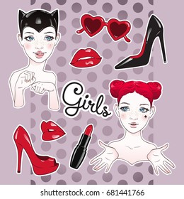 Stickers set cartoon girls and accessories - high heeled shoes, heart shaped glasses, glossy lips and lipstick over cute purple polka dot background. Hand drawn design vector illustration. svg