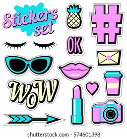 Stickers set. Cartoon patch badges. Vector illustration isolated on white background
