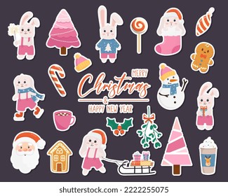 Stickers set with Christmas elements on a dark background. Great for greeting cards, design and more. Merry Christmas and Happy New Year.