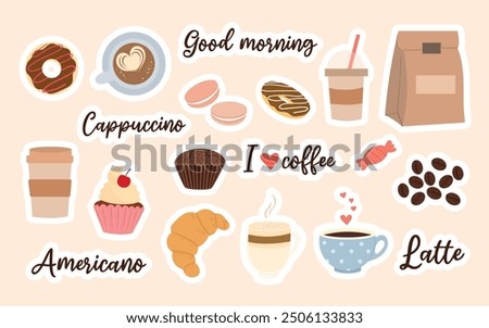 Stickers set with coffee and sweets. Paper cups, cup and bakery. Muffin, croissant, cupcake, cake, latte, americano, cappuccino, beans, macarons, donuts. I love coffee, lettering. Vector, flat style.