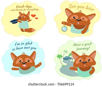 STICKERS. Set stickers Communication Farewell. Stickers on color clouds with text. Good-bye, and thanks for everything. I'm so glad to have met you. See you later.  Have a good journey!