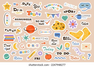 Stickers set set concept without people scene in the flat cartoon design. Image of various funny stickers on a light background. Vector illustration.