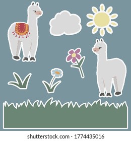 Stickers set, cute adorable funny cartoon alpaca with the sun, clouds, flowers and grass on a blue background, vector flat color illustrarion