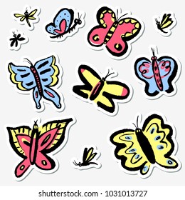 Stickers set with cute butterflies. Collection with funny insects in doodle sketchy style. Vector artistic illustration. Colorful hand drawn design element