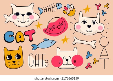 Stickers set with cute cats. 80s style colorful flat vector illustration. Dry food, fish and different design elements. Text елементы for design