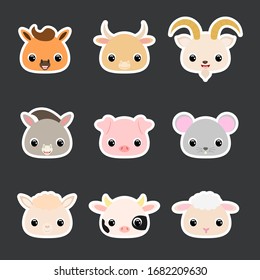 Stickers set of cute domestic animal heads. Cartoon character for baby print design, kids wear, baby shower celebration, greeting, invitation card. Flat vector stock illustration