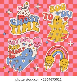 Stickers set with cute ghosts in flower ornament and Halloween funny quotes. 70s trendy groovy colors vector illustration.