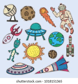 Stickers set with cute hand drawn space objects: rockets, planets, moon, sun etc. Hand-drawn vector collection