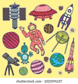 Stickers set with cute hand drawn space objects: rockets, planets, moon, sun etc. Hand-drawn vector collection
