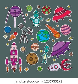 Stickers set of cute hand drawn space objects: stars, rockets, planets, moon, sun etc. Hand-drawn vector collection