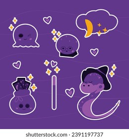 Stickers set of cute magic characters in trendy mystical purple hues. Vector design with dotted line