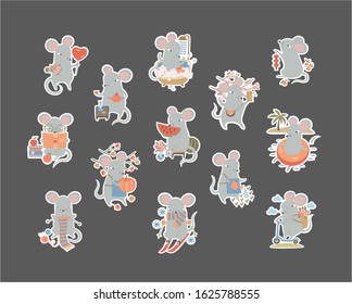 Stickers set of cute mouse character doing different activities, funny rat - symbol of 2020 year- in it's daily routine and holidays situations. Vector clip art isolated on a dark background.