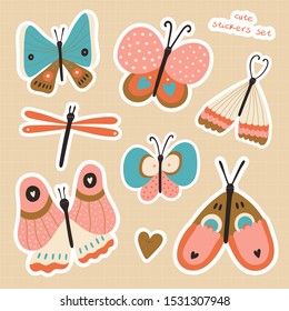 Stickers set with different Butterflies in cartoon childish style. Super cute Collection with vector Insects. 