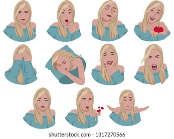 Stickers set with different emotions and face expressions of a beautiful young woman in shoulder off dress. Flat vector illustration, eps 10