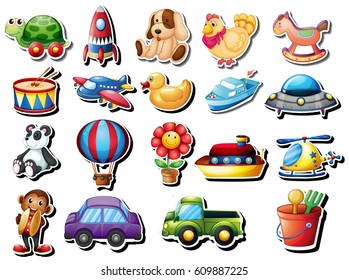 Stickers set with different toys illustration