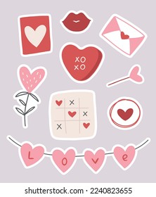 Stickers set of doodle cartoon comic hand drawn illustrations to Valentine's day on 14th February, dating, letters, chat on earth color grey background