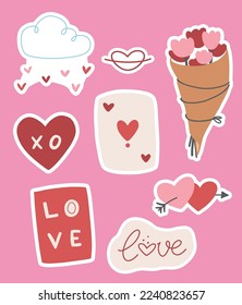 Stickers set of doodle cartoon comic hand drawn illustrations to Valentine's day on 14th February, dating, letters, chat, on light pink background