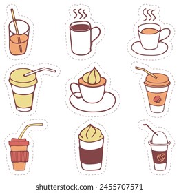 Stickers set of drinks, beverages, drink, juice, water, coffee, tea, shake, cocktail. Hand drawn vector colorful doodles in flat style.