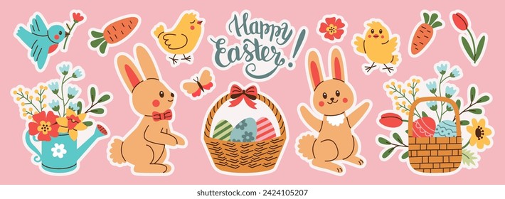 Stickers set of Easter and Spring design elements. Rabbit, eggs, chicken, butterfly, tulips, flowers, branches, basket.