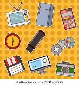 Stickers set of electronic gadgets: phone, game, calculator, radio, computer, laptop, camera, flash drive and compass. Doodle vector illustration.