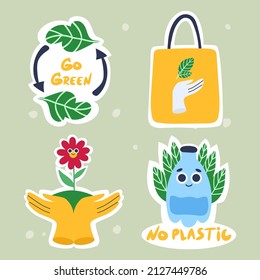 Stickers set. Environmentally friendly concept. Zero waste. Save the environment. Vector illustration in doodle style.