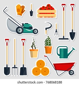 Stickers set farm tools flat-vector illustration. Garden instruments icon collection, farming equipment, sticky label