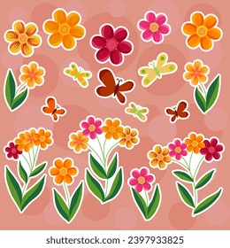 Stickers set of flowers and butterflies. Printable stickers.