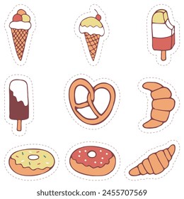 Pegatinas conjunto de alimentos, postre, croissant, dulces, galletas, helado. Dibujado a mano Vector garabatos coloridos en estilo plano.