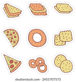 Pegatinas conjunto de comida, postre, comida rápida, pizza, sándwich, galletas, galletas. Dibujado a mano Vector garabatos coloridos en estilo plano.