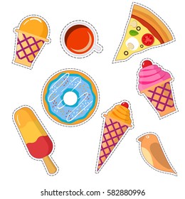 Stickers set of  food patch in pop art style in 80s-90s.Vector badges and pins cartoon with a wafer cup of ice cream, horn with ice cream, an eskimo, a birdie, a cup of coffee and tea, pizza, a donut.