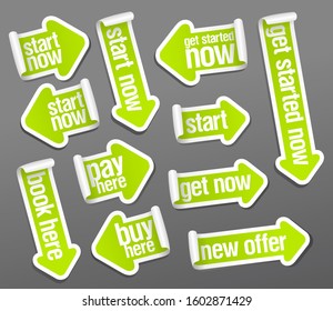 Stickers Set In Form Of Arrows - Start Now, Pay Here, Get Started Now, Buy Here, New Offer, Book Here, Get Now