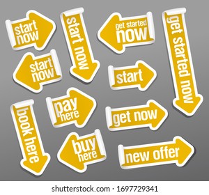 Stickers set in form of arrows - start now, pay here, get started now, buy here, new offer, book here, get now